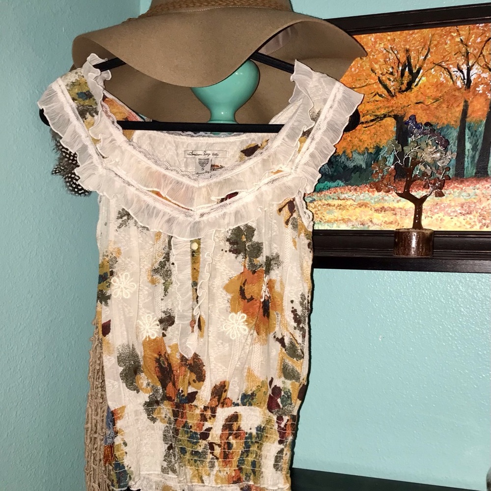 American Rag Cie Floral Blouse Ruffled Lace Trim